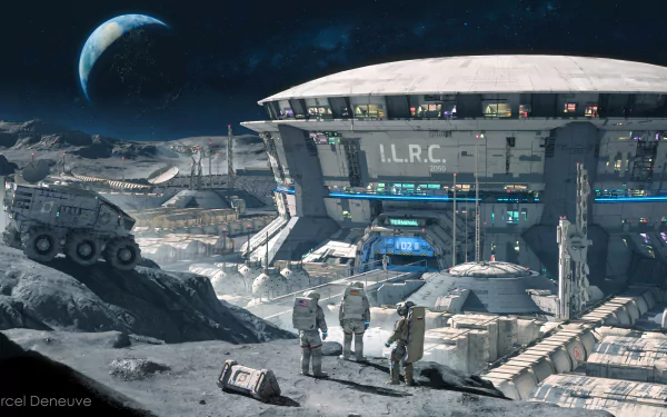 A 4K Ultra HD sci-fi scene showing astronauts exploring a futuristic lunar structure labeled ILRC, with a distant Earth visible in the dark sky.