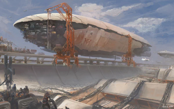 Sci-fi massive airship spaceship docked on a sandy orbital platform with cranes and hangars, figures and equipment below — 4K Ultra HD PC desktop wallpaper and background.