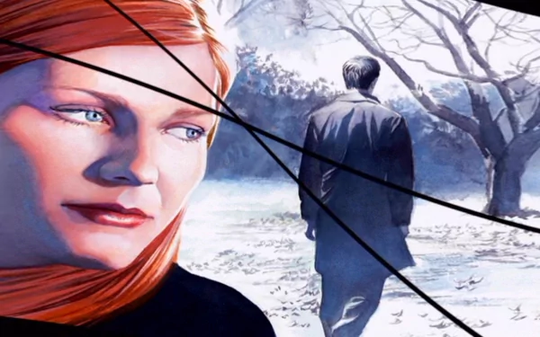 HD desktop wallpaper featuring Mary Jane Watson's face in the foreground and Peter Parker walking away in a snowy, Spider-Man movie-inspired scene.