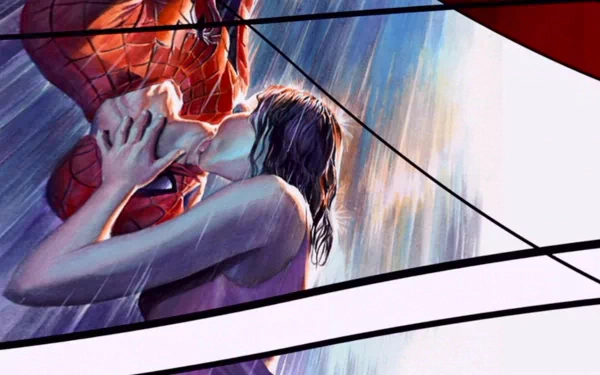 A vibrant HD wallpaper from *Spider-Man 2*, featuring Spider-Man kissing Mary Jane in the rain, capturing a romantic and iconic moment from the film.