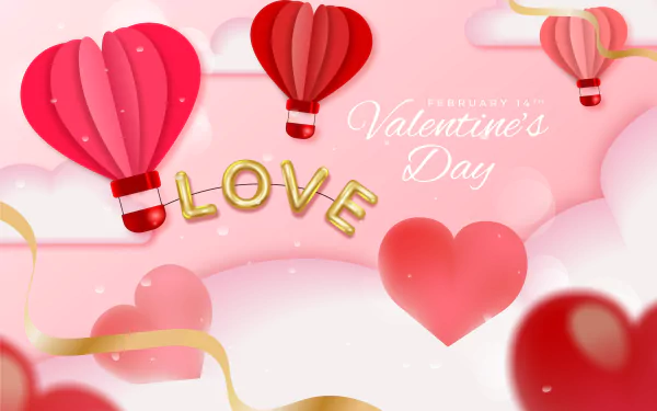 Vibrant Valentine's Day-themed desktop wallpaper featuring romantic holiday decorations with hearts and flowers.