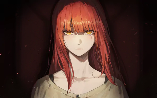 Makima from Chainsaw Man with striking orange eyes and red hair in a dark, moody anime style, rendered as a 4K Ultra HD PC desktop wallpaper and background.