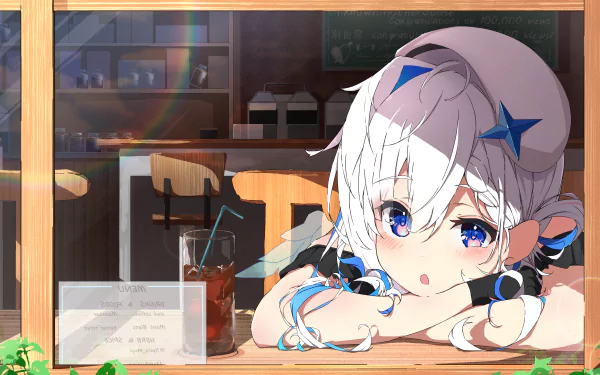 Amane Kanata (hololive) anime Virtual YouTuber leaning on a cafe counter with white hair and blue eyes, wistful expression — vivid 4K Ultra HD PC desktop wallpaper background.