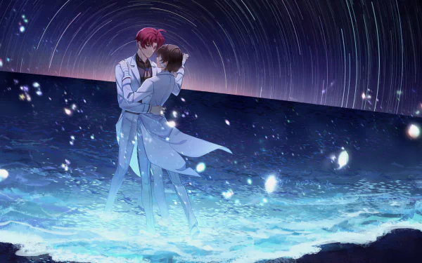 HD anime desktop wallpaper featuring Sakunosuke Oda and Osamu Dazai from Bungou Stray Dogs, standing close amidst a starry sky with swirling light trails.