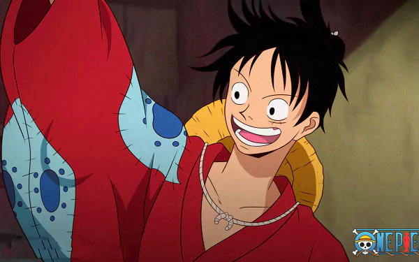 Anime scene from One Piece featuring a cheerful Monkey D. Luffy in vibrant colors, captured in stunning 8K Ultra HD for a clear PC desktop wallpaper background.