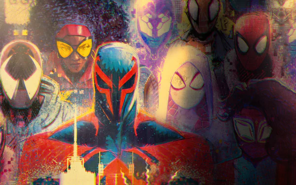 HD desktop wallpaper featuring Gwen Stacy, Spider-Man 2099, Ben Reilly, and other Spider-Man characters from the movie Spider-Man: Across the Spider-Verse.