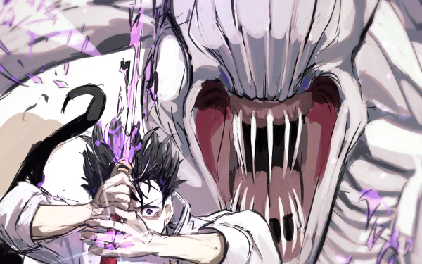 Yuta Okkotsu (Anime, Jujutsu Kaisen 0) 2K Quad HD desktop wallpaper: Yuta channels purple cursed energy as a towering skull-like cursed spirit with rows of sharp teeth looms behind him.