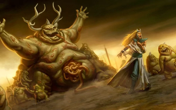 HD PC desktop wallpaper depicting Nurgle from Warhammer 40,000: Dawn of War II, featuring grotesque creatures and a distressed figure in a dark, eerie environment.