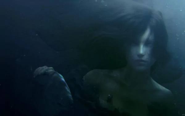 A mystical figure floats serenely underwater, embodying a magical oceanic fantasy. This HD wallpaper creates an enchanting atmosphere for any desktop background.