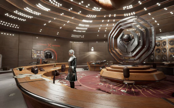 Atomic Heart game scene with futuristic interior design for HD desktop wallpaper and background.