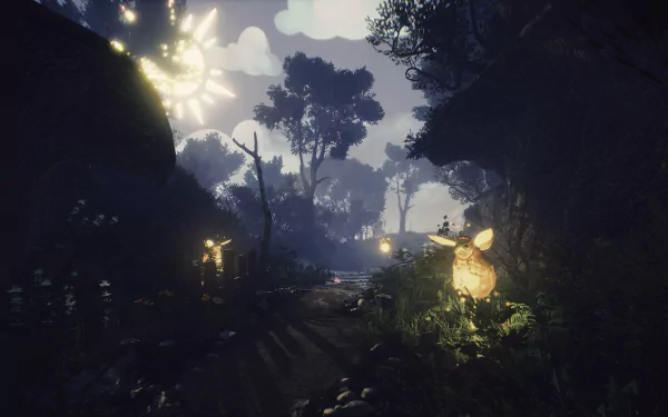HD desktop wallpaper featuring a mystical forest scene with sunlight piercing through the trees, tagged with Blacktail.
