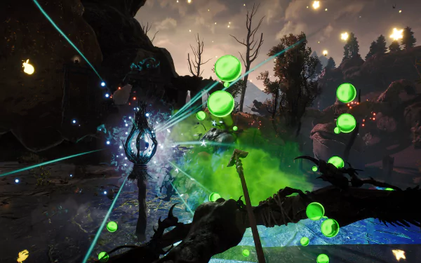 A vibrant HD desktop wallpaper from the video game Blacktail, featuring a dynamic scene with glowing green orbs, magical effects, and an immersive fantasy landscape.