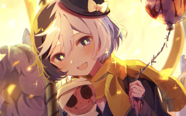 HD anime desktop wallpaper featuring Kyūsaku Yumeno from Bungou Stray Dogs, with a warm, glowing background and playful expression holding a balloon and a skull prop.