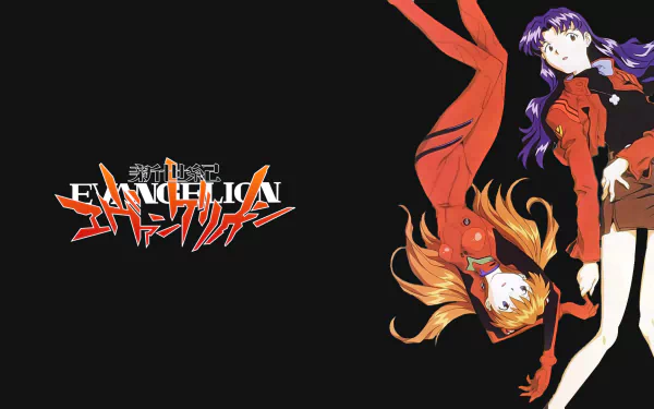 HD PC desktop wallpaper featuring Misato Katsuragi and Asuka Langley Sohryu from the anime Neon Genesis Evangelion with the series logo on a black background.