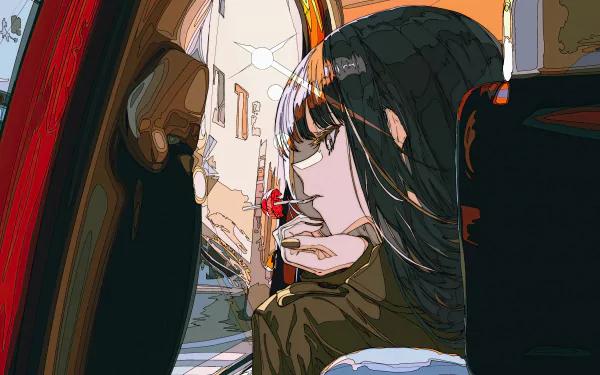 Anime girl with long dark hair blowing a red flower petal, set against a vibrant cityscape, presented in 8K Ultra HD for PC desktop wallpaper and background.