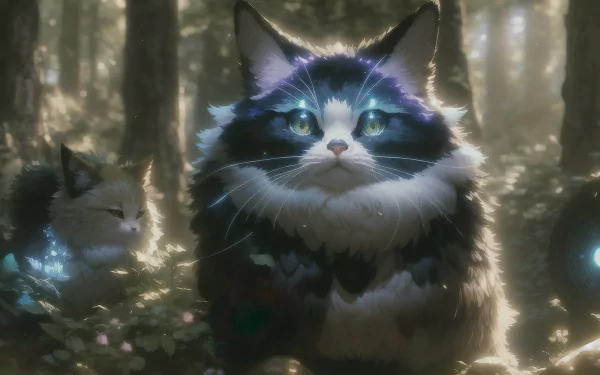 HD desktop wallpaper of a mystical forest scene featuring a fluffy cat with glowing eyes surrounded by softly lit foliage and magical orbs.