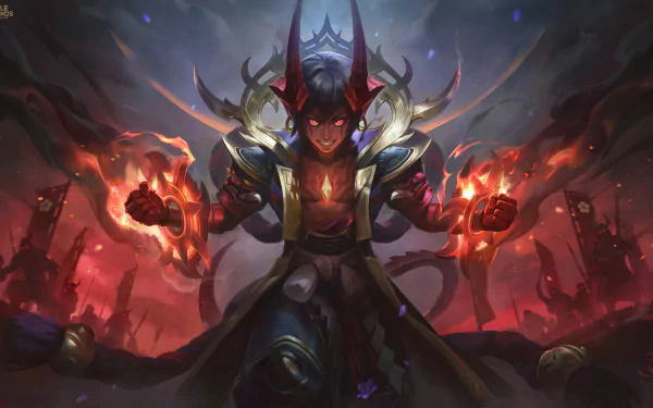 HD PC desktop wallpaper of Dyrroth from Mobile Legends: Bang Bang — demonic armored warrior with flaming fists and red eyes, looming over a smoky, battle-scarred background.