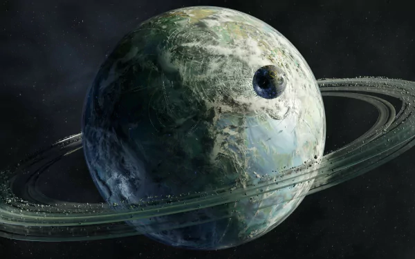 HD desktop wallpaper of a sci-fi themed planet with detailed rings, set against a dark starry space background.