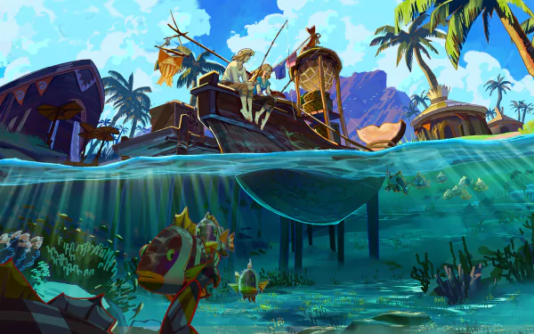 HD PC desktop wallpaper featuring vibrant underwater and island scenery from the video game The Legend of Zelda: Breath of the Wild.