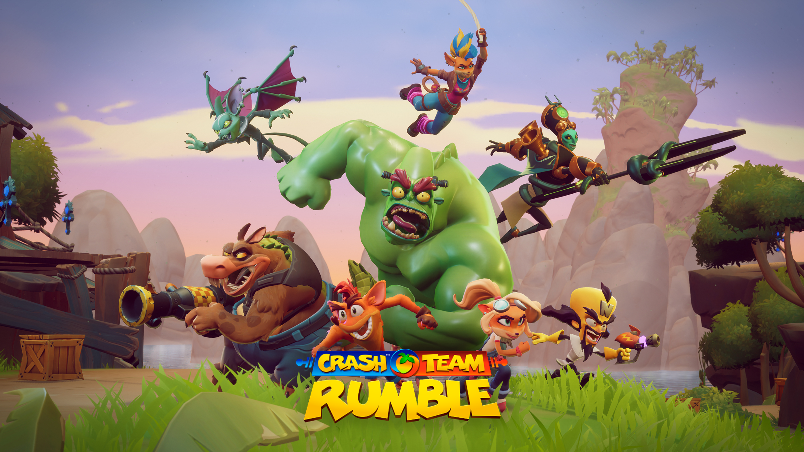 HD desktop wallpaper featuring vibrant artwork from Crash Team Rumble with animated characters in action.
