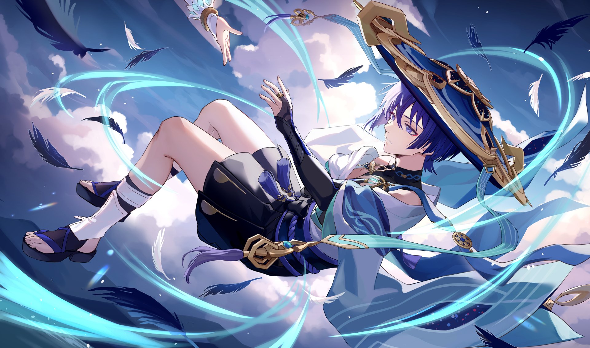 Scaramouche from Genshin Impact depicted in a dynamic pose with glowing blue elements, captured in a 4K Ultra HD PC desktop wallpaper.