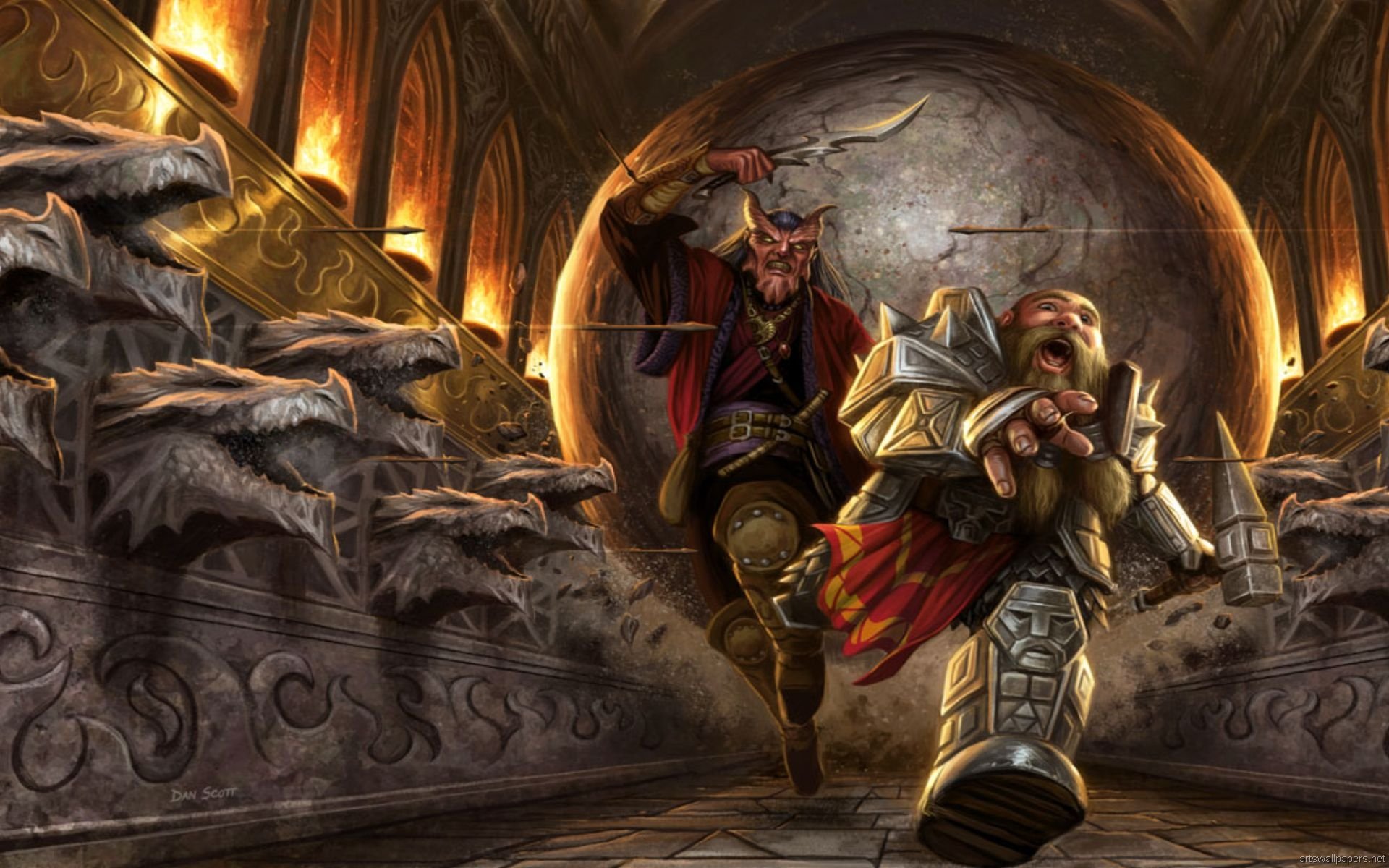 HD fantasy warrior artwork showing a fierce battle between a horned demon and an armored warrior inside a grand, dimly lit stone hall.
