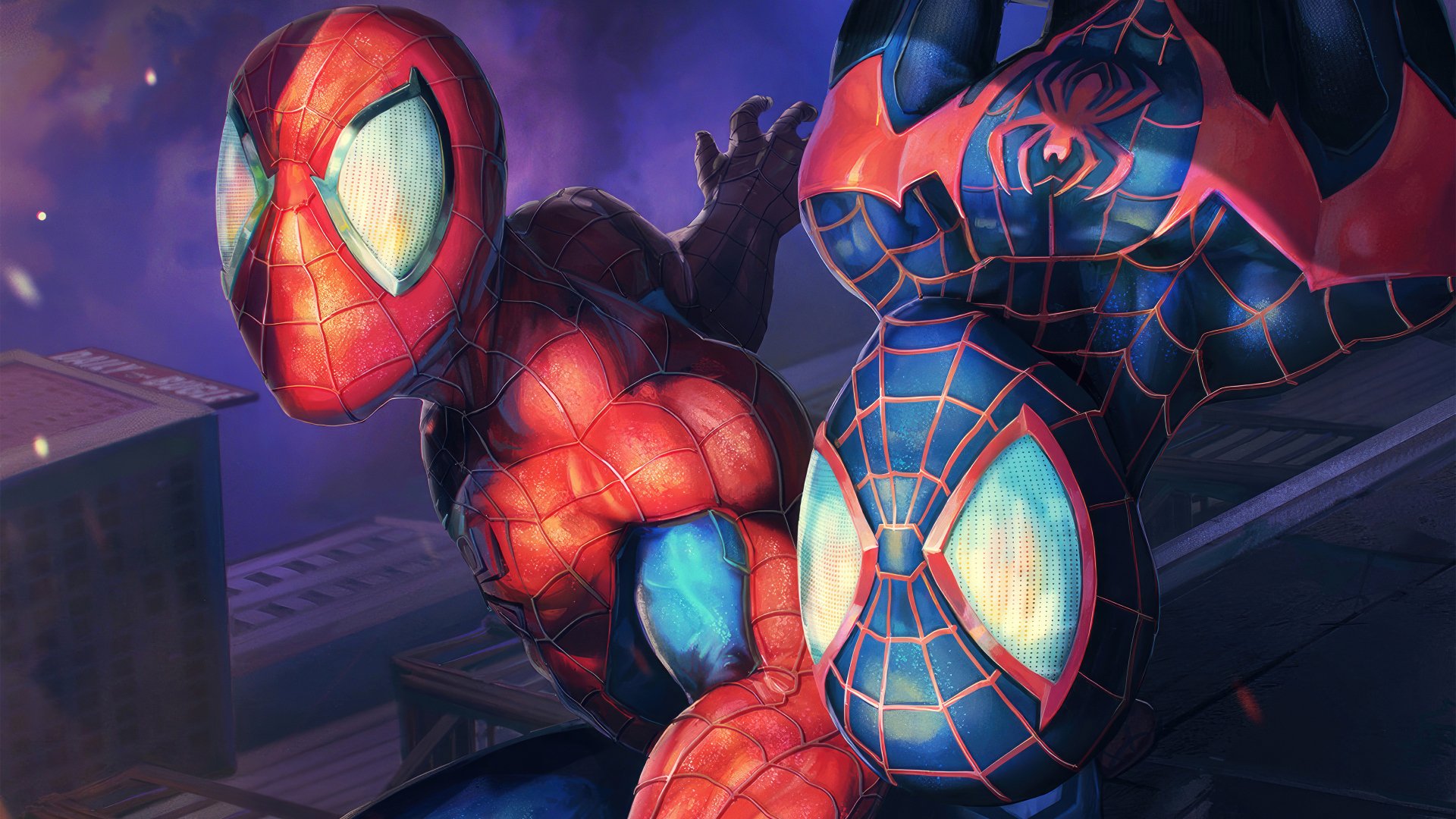 4K Ultra HD comic-style PC desktop wallpaper featuring two Spider-Man characters in dynamic poses against a cityscape background.