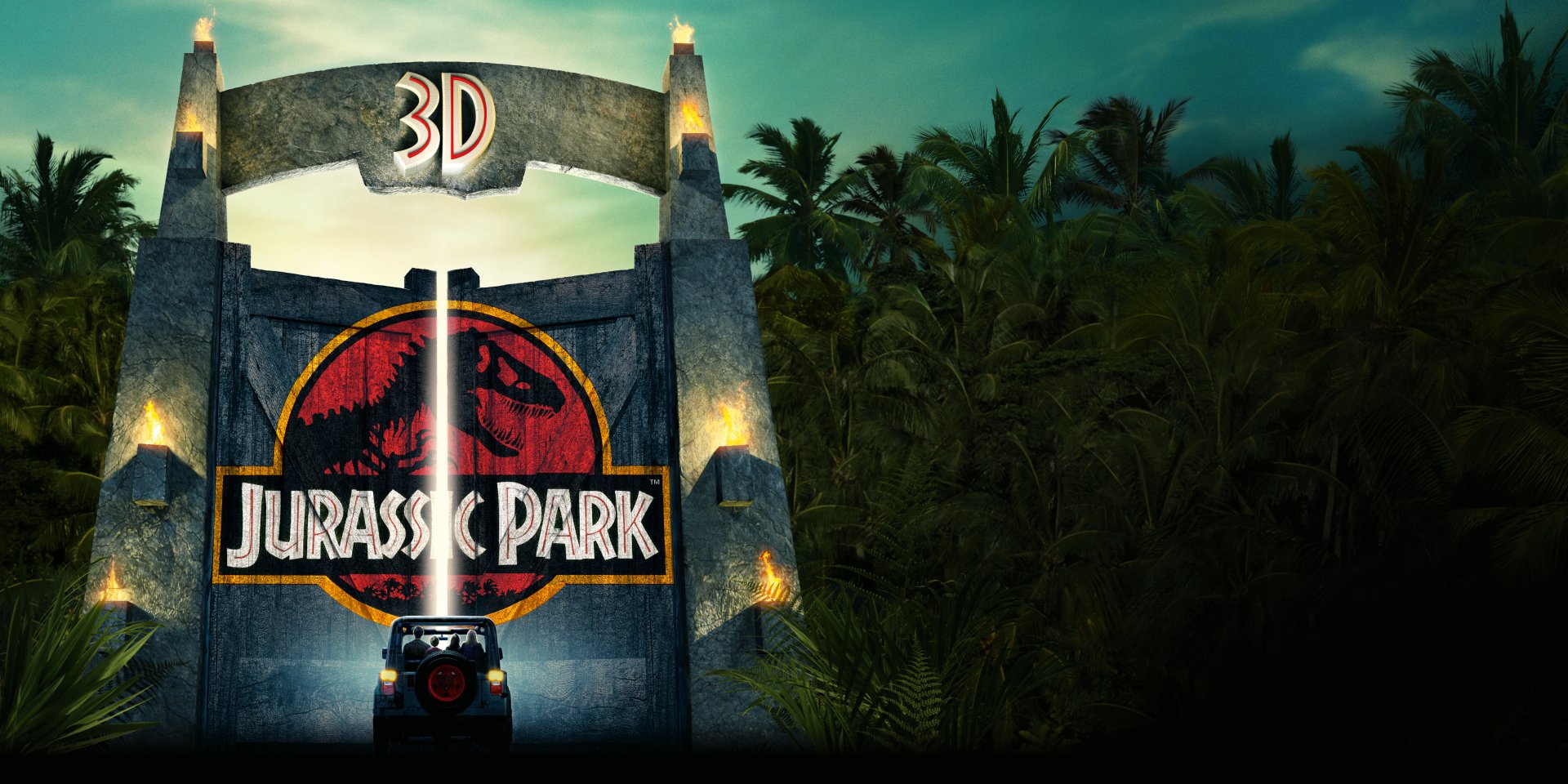 5K Ultra HD PC wallpaper: dramatic Jurassic Park 3D entrance gate at night, glowing logo above a jeep's headlights with towering stone pillars and dense jungle in the background.