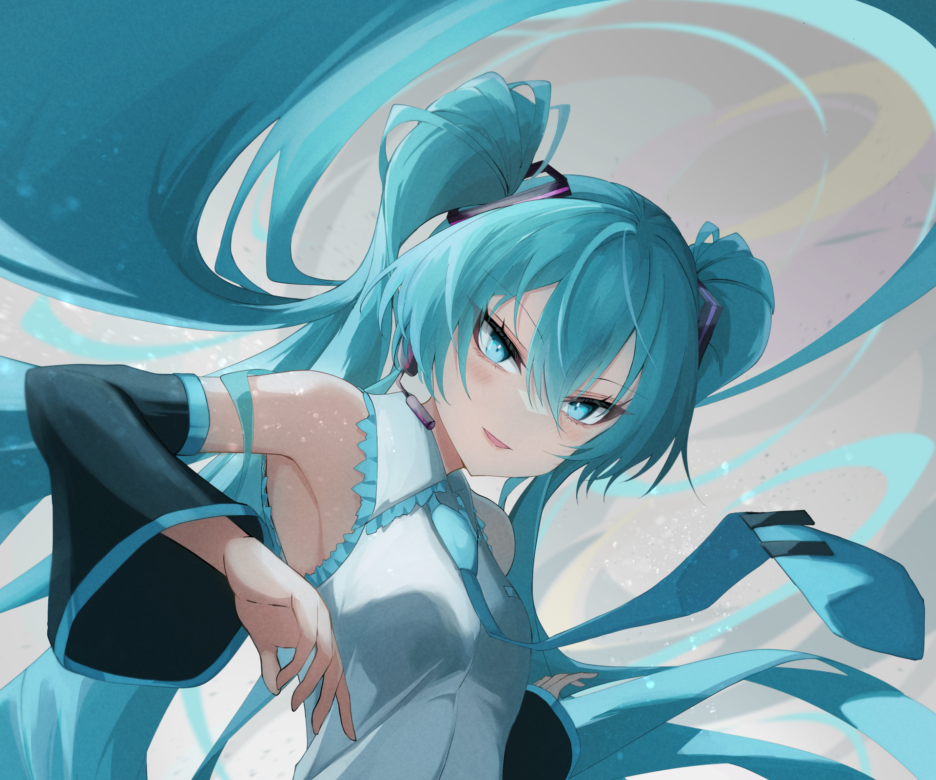 HD anime wallpaper featuring Hatsune Miku from Vocaloid with vibrant teal hair and dynamic pose, set against a smooth, flowing background.