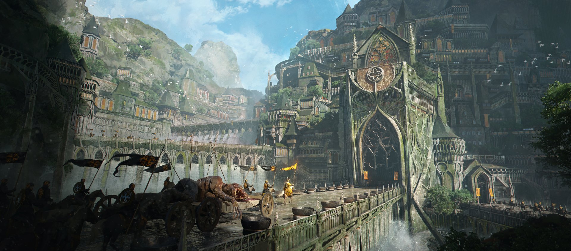 HD fantasy city desktop wallpaper featuring a grand, ancient fortress with intricate architecture built into lush mountainous terrain under a bright sky.