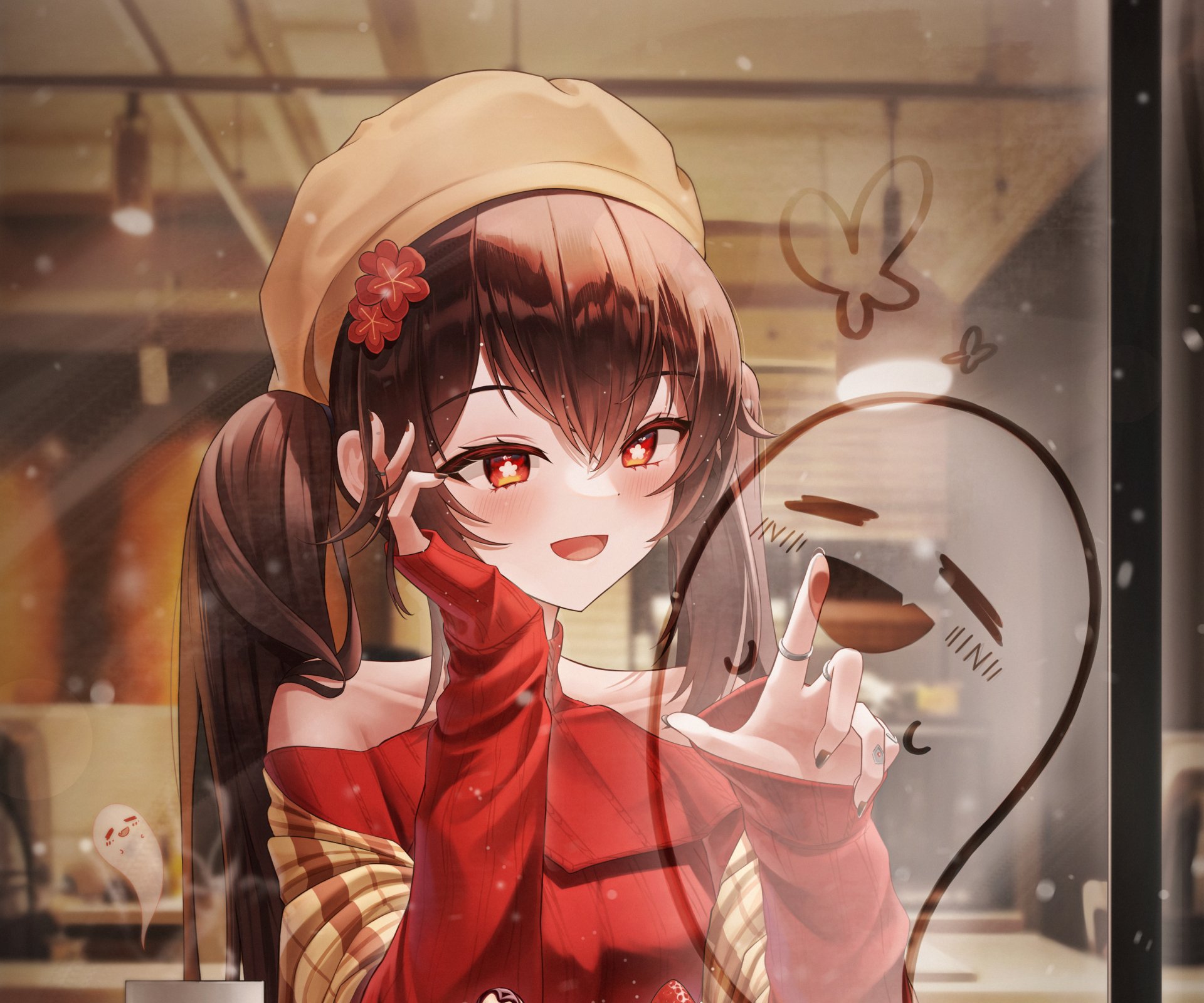 HD PC desktop wallpaper featuring Hu Tao, a character from the video game Genshin Impact, smiling with a playful gesture beside a ghostly figure.