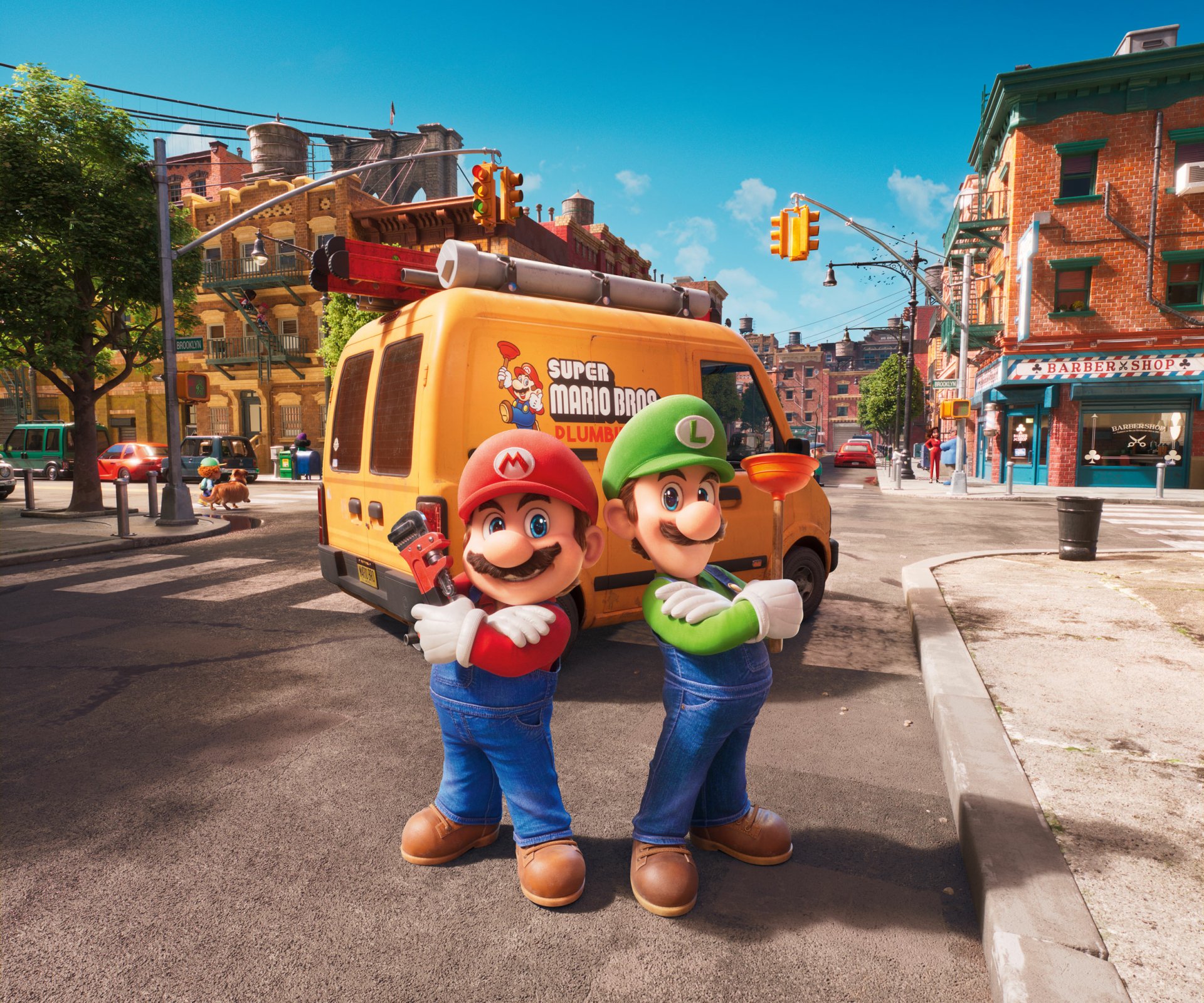 HD PC desktop wallpaper featuring Mario and Luigi from the movie Super Mario Bros. (2023) standing confidently on a city street with a themed van in the background.