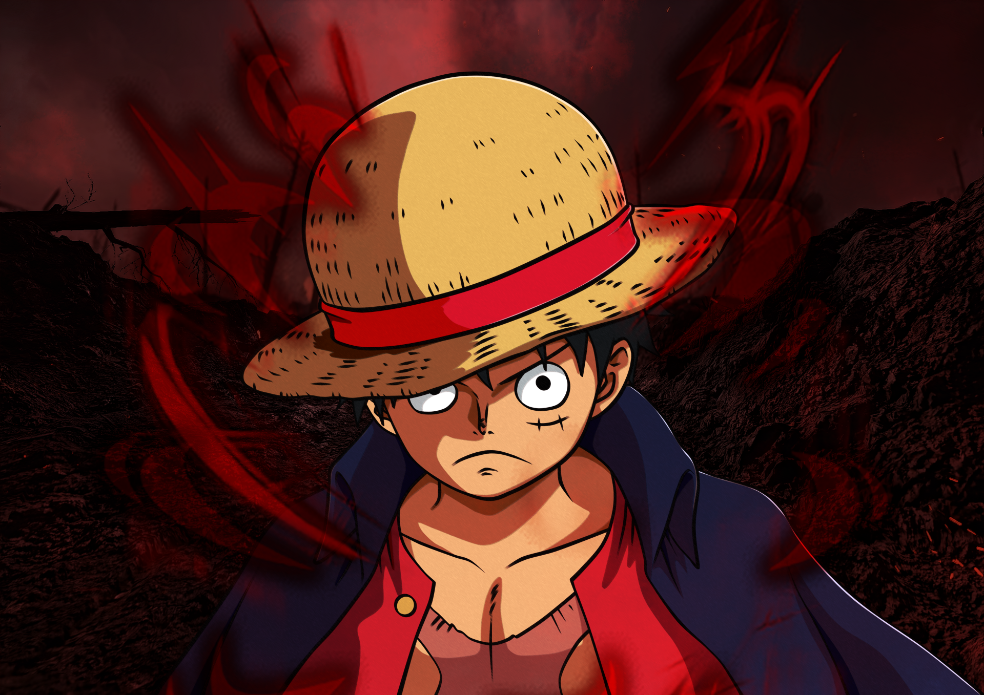 Anime-style 4K Ultra HD wallpaper featuring Monkey D. Luffy from One Piece with a determined expression, wearing his signature straw hat against a dark, fiery background.