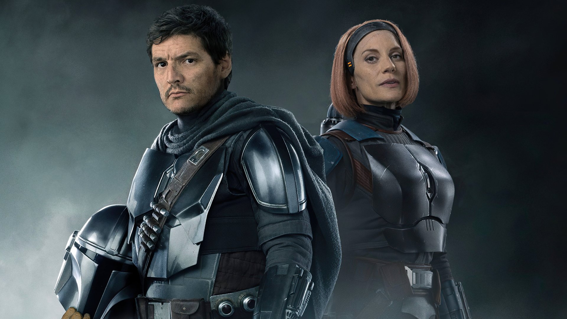 HD PC desktop wallpaper featuring characters from the TV show The Mandalorian, showcasing a male and female warrior in futuristic armor against a dark background.