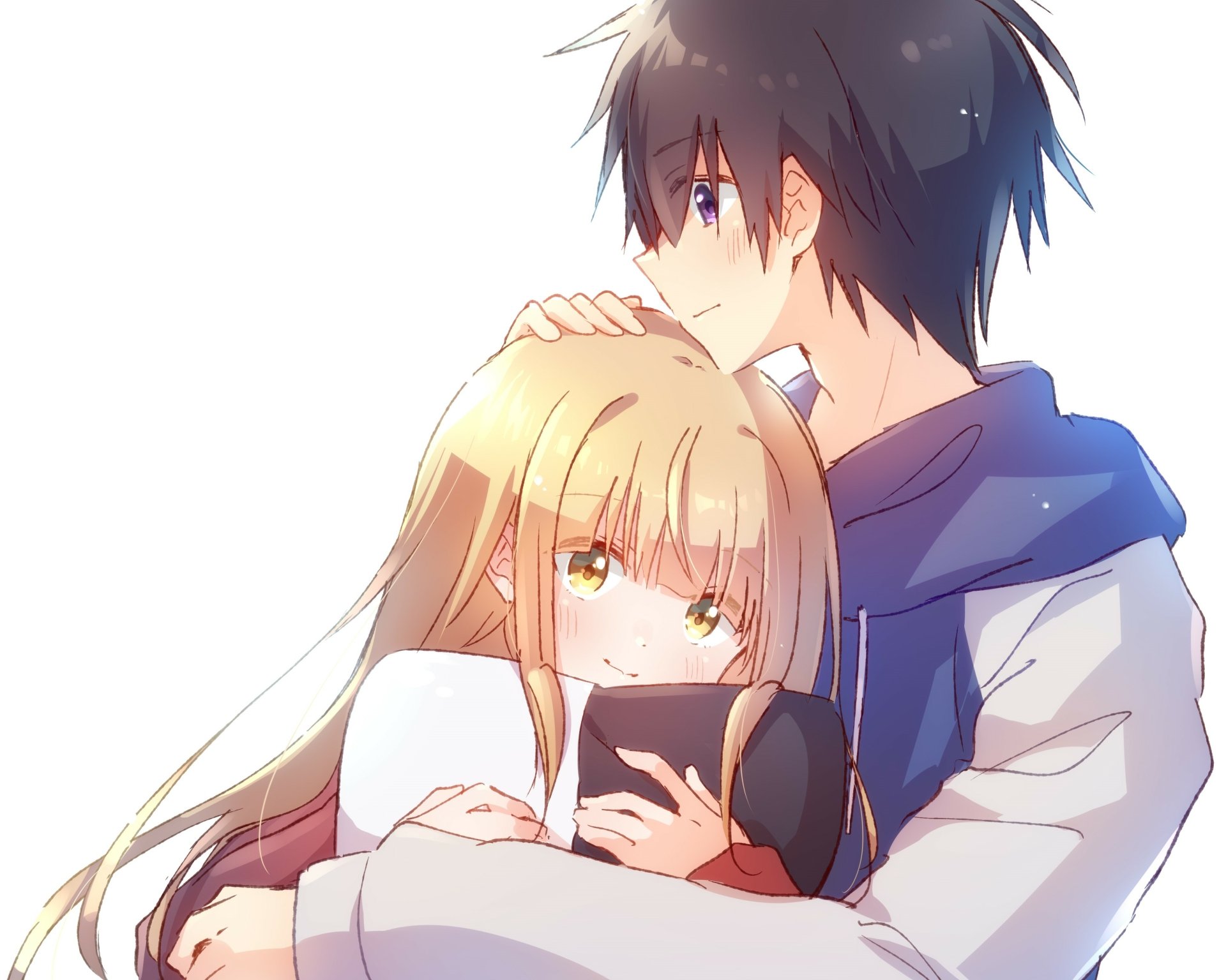 HD anime desktop wallpaper featuring Amane Fujimiya gently resting his hand on Mahiru Shiina's head from The Angel Next Door Spoils Me Rotten.