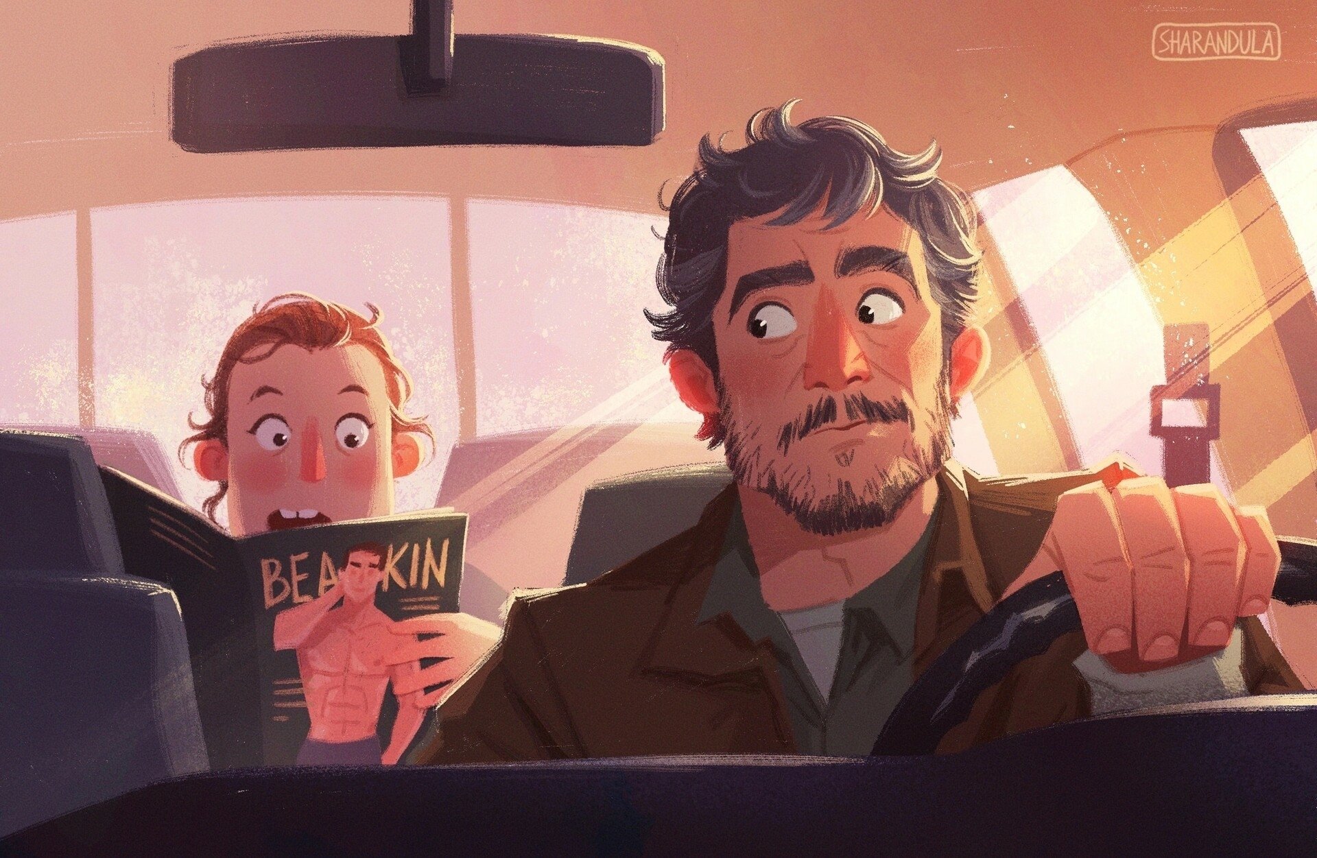 HD PC desktop wallpaper and background showing Joel (The Last of Us) driving as Ellie (The Last of Us) reads in the backseat — artwork inspired by the TV show The Last Of Us.