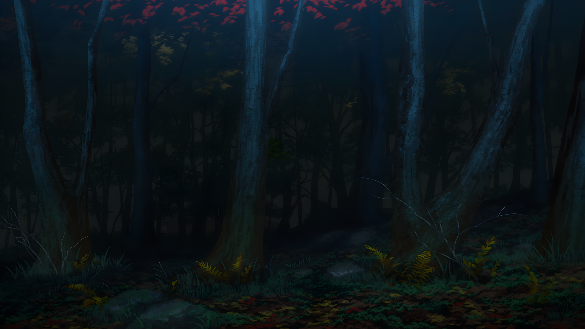 Dark, detailed forest scene from the anime Vinland Saga, rendered in 8K Ultra HD, designed as a PC desktop wallpaper and background.