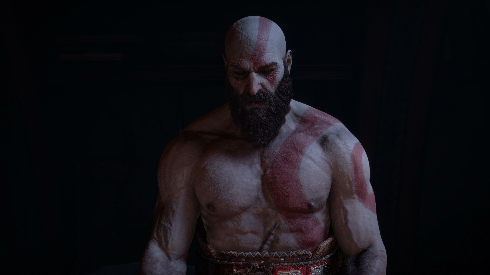 Kratos from God of War: Ragnarök stands shirtless with a serious expression in this 4K Ultra HD PC desktop wallpaper inspired by the video game.