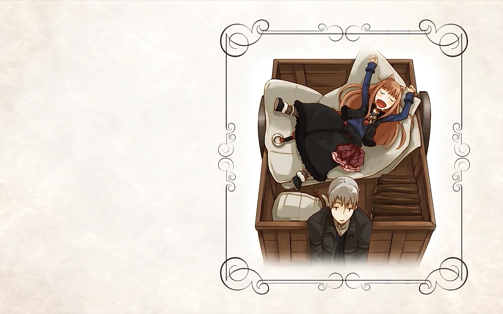HD PC desktop wallpaper featuring anime characters from Spice and Wolf, showcasing a serene and decorative composition with soft tones and elegant borders.