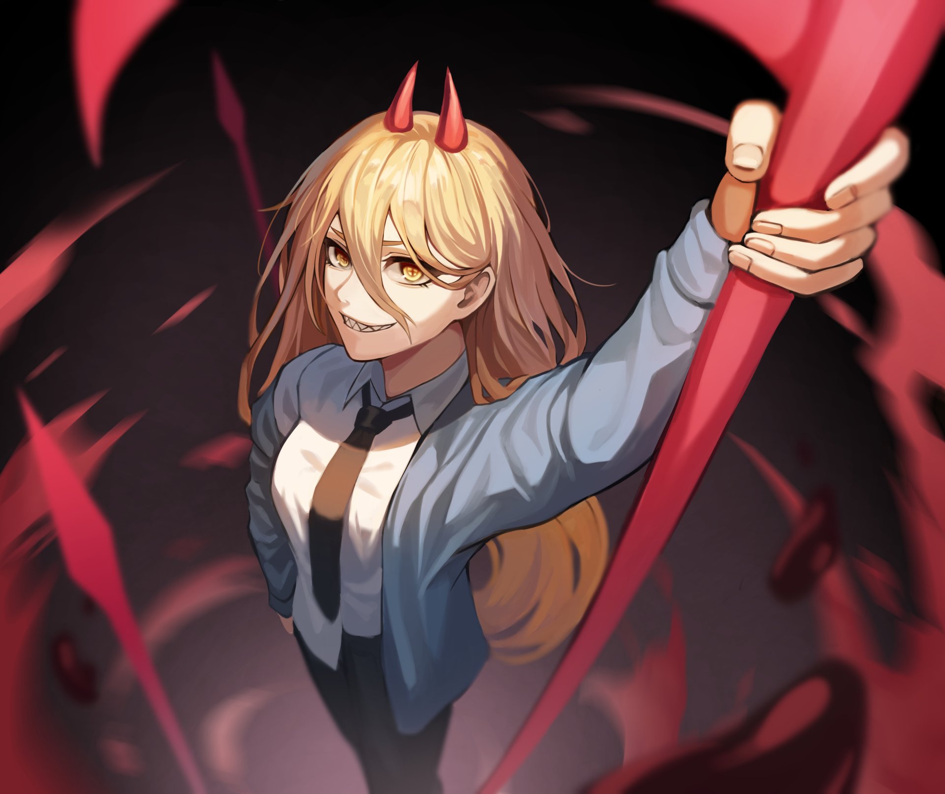 4K Ultra HD anime wallpaper featuring Power from Chainsaw Man, showcasing her confident expression and vibrant red horns against a dynamic dark background.