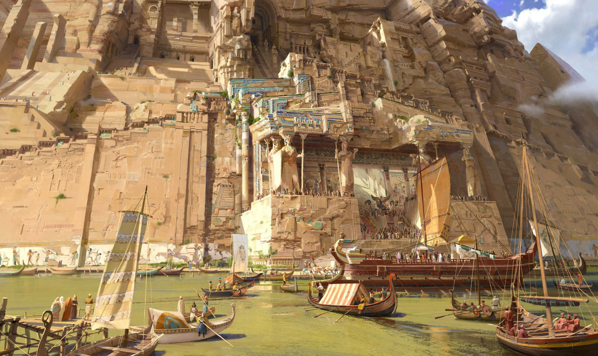 HD desktop wallpaper of a fantasy city with boats on a greenish river, ancient stone buildings carved into a massive cliff and intricate architectural details.