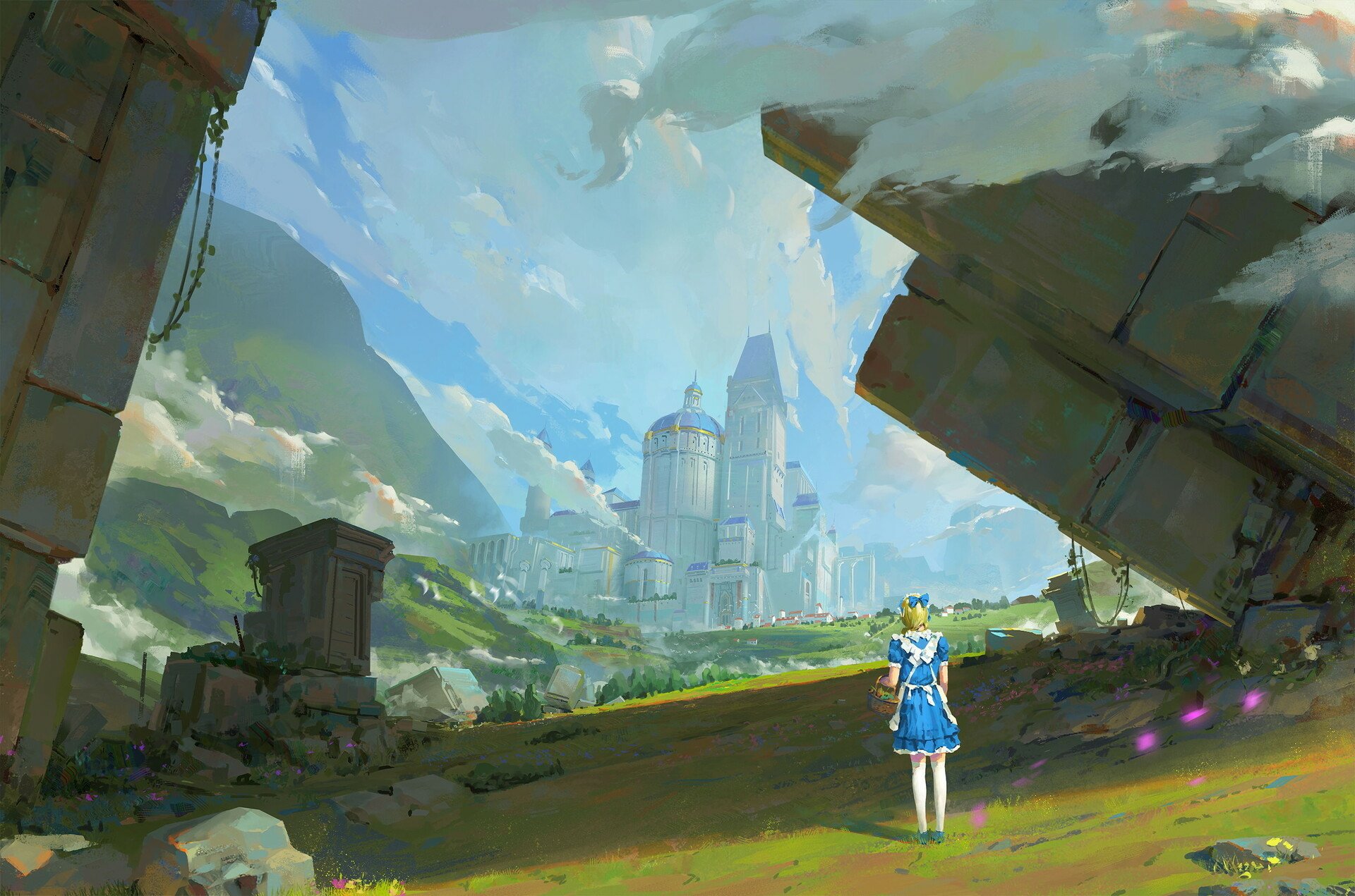 HD fantasy desktop wallpaper depicting a majestic castle in the distance, viewed from rocky ruins with a small figure standing in the foreground.