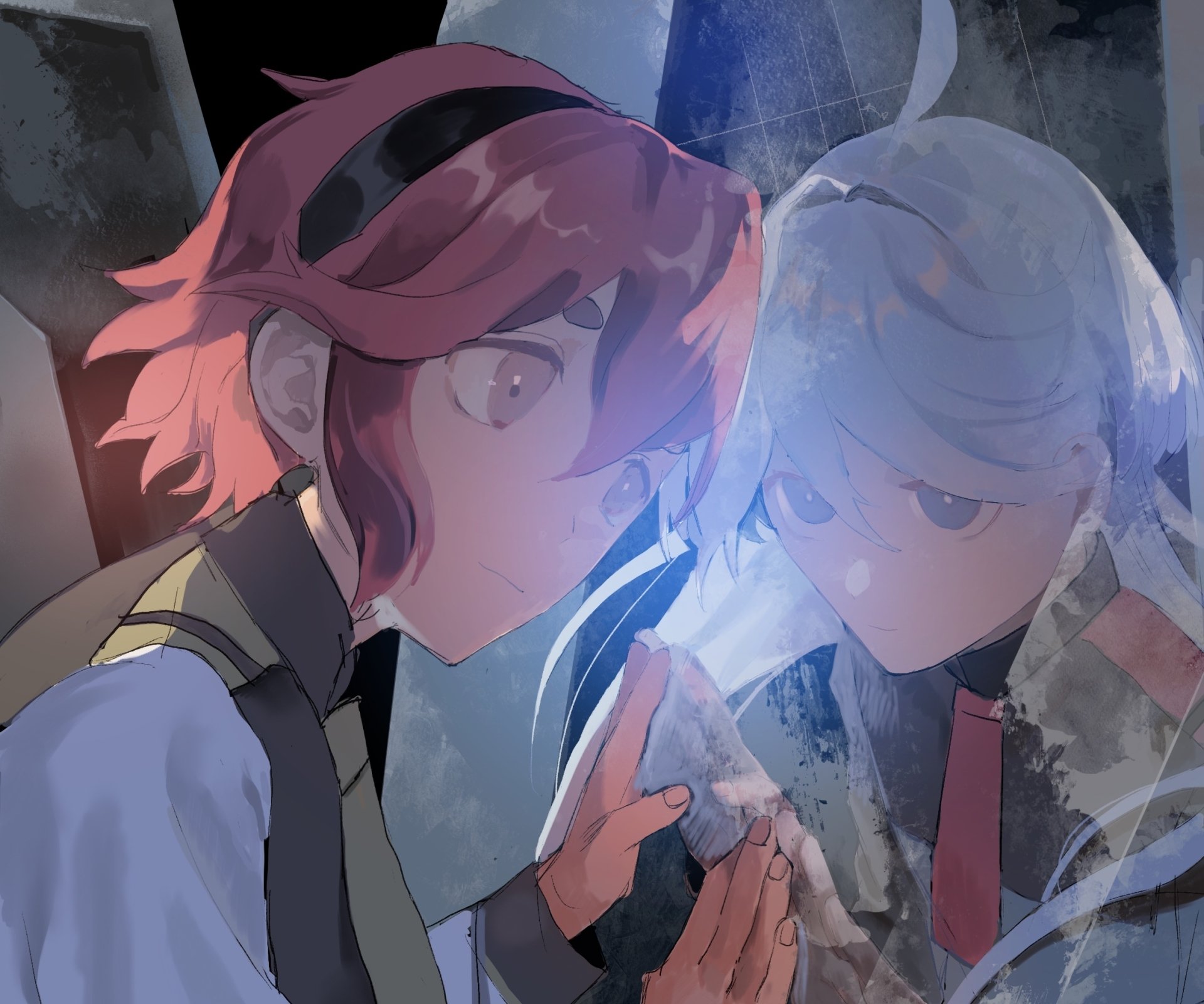 HD PC desktop anime wallpaper: Suletta Mercury from Mobile Suit Gundam: The Witch from Mercury, close-up facing a glassy reflection bathed in moody blue light.