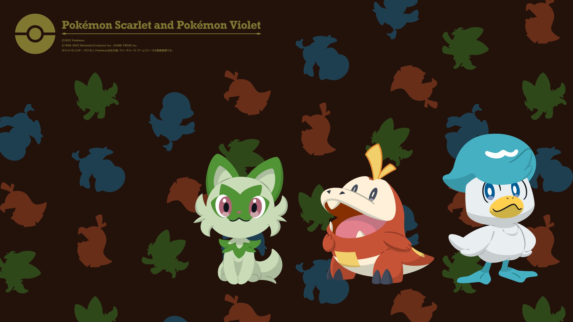 HD PC desktop wallpaper featuring Pokémon from the video game Pokémon Scarlet and Violet with colorful character silhouettes on a dark background.
