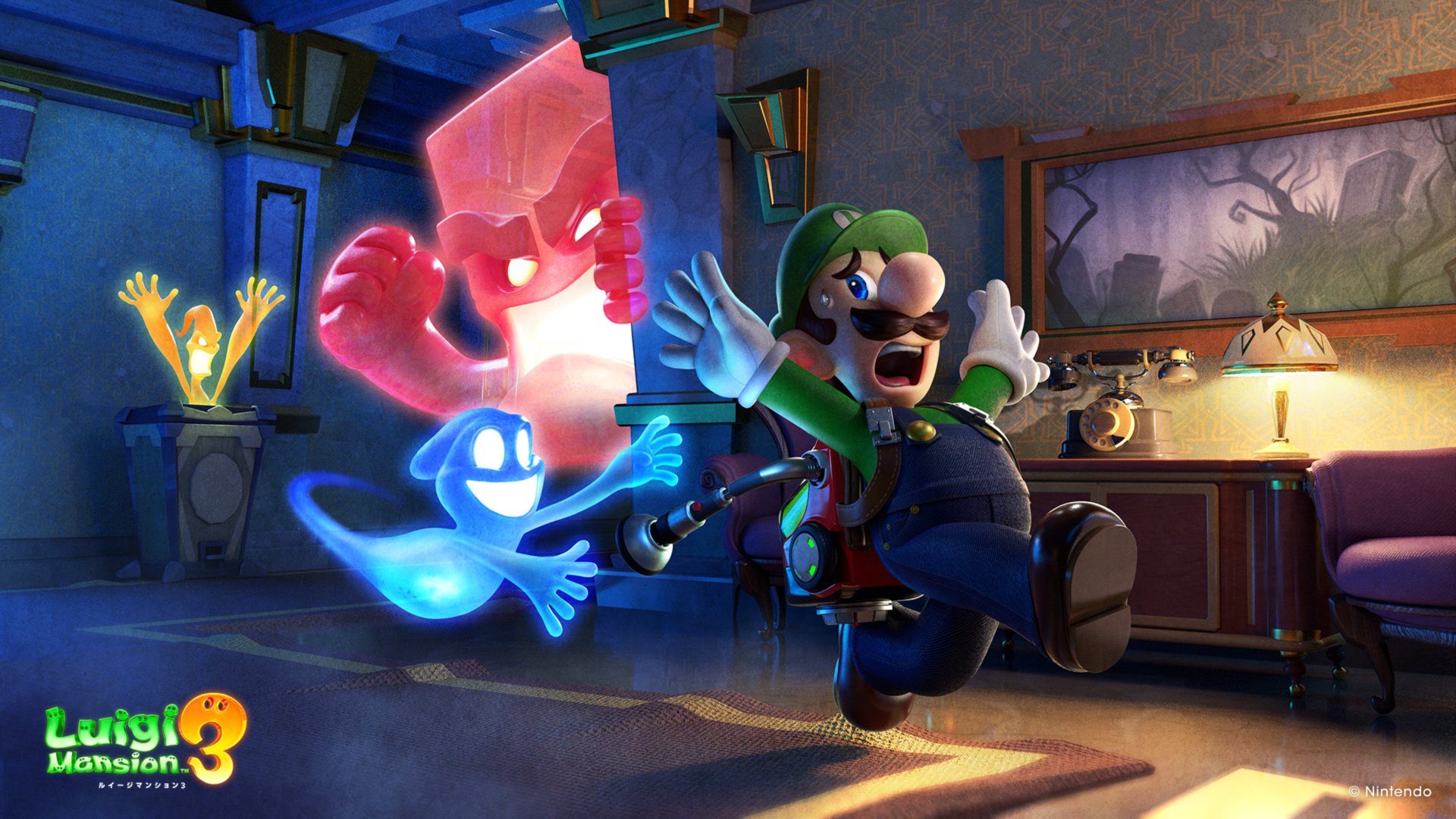 Video game HD PC desktop wallpaper/background: Luigi from Luigi's Mansion 3 panics in a haunted hotel hallway while Gooigi and a pink ghost chase him.