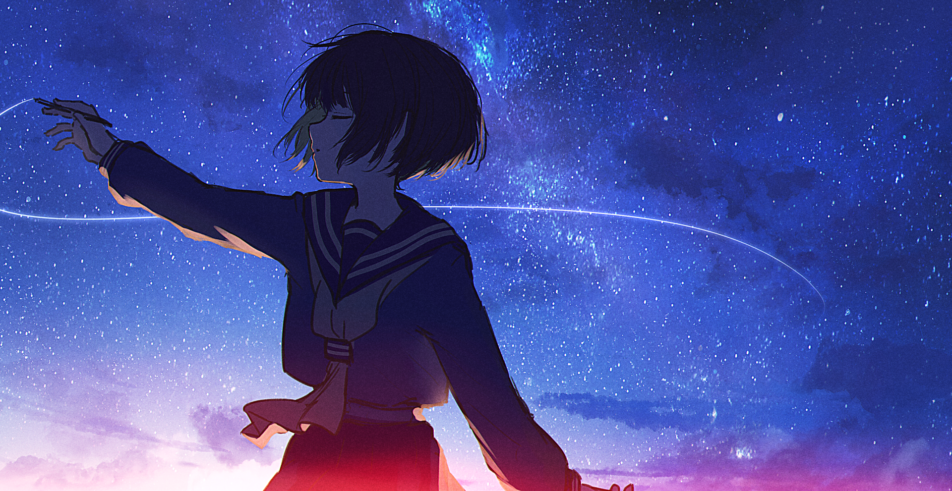 Anime-style HD desktop wallpaper featuring an original character silhouetted against a vibrant starry sky with a bright shooting star streaking overhead.