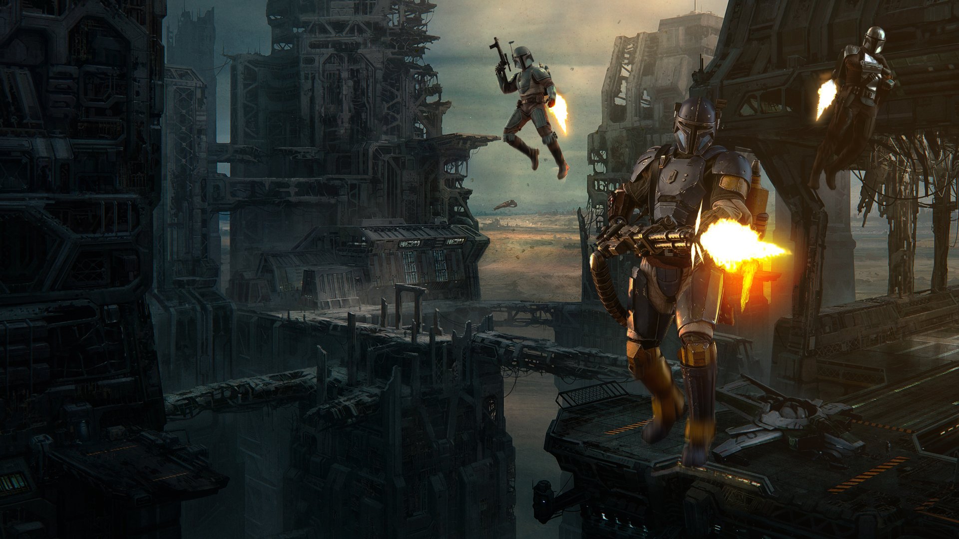 4K Ultra HD PC desktop wallpaper of Star Wars TV show The Mandalorian: armored bounty hunter firing a flamethrower amid a ruined city as another figure leaps between ledges.