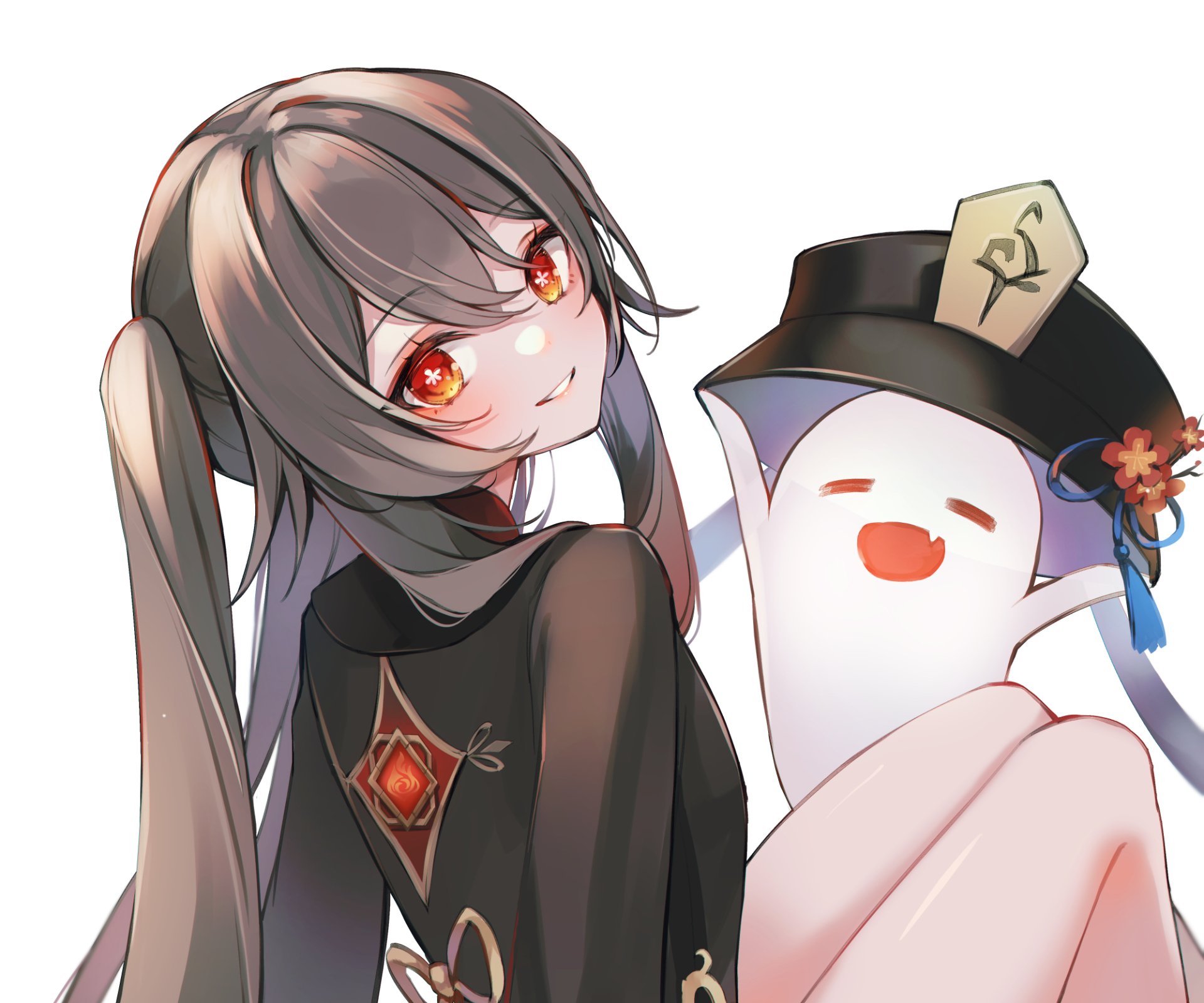 HD PC wallpaper of Hu Tao from the video game Genshin Impact: smiling with glowing red eyes, twin-tails and a dark outfit, leaning beside a blushing white ghost on a clean white background.