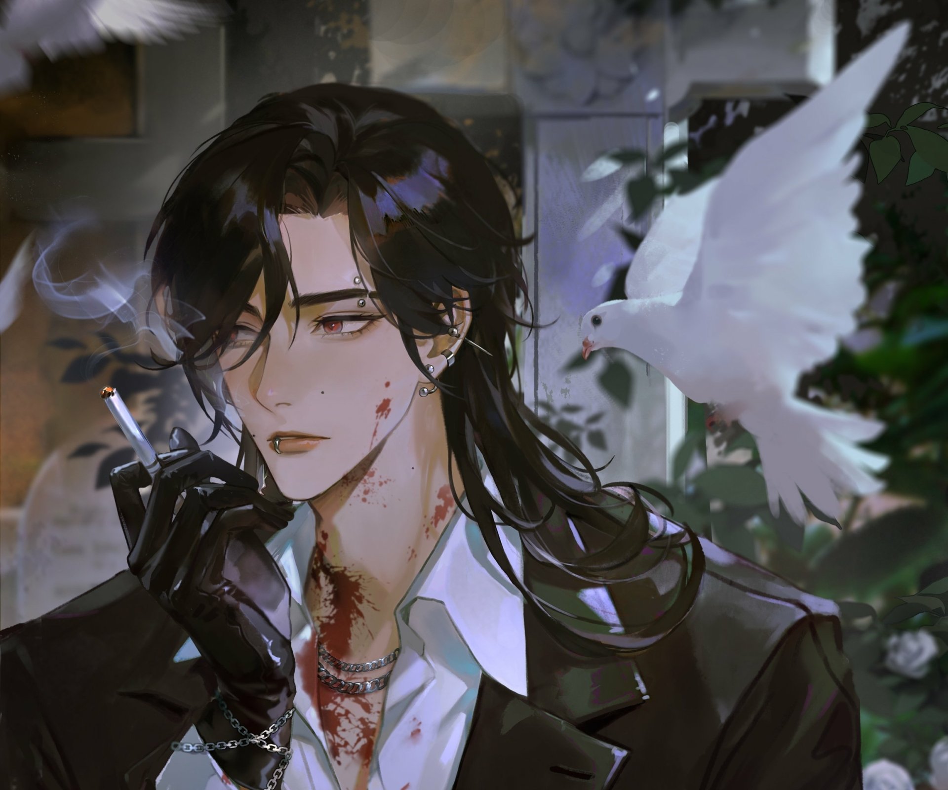 HD anime wallpaper featuring a dark-haired anime boy with a cigarette, wearing a suit, and a white dove flying nearby in a moody, detailed background.