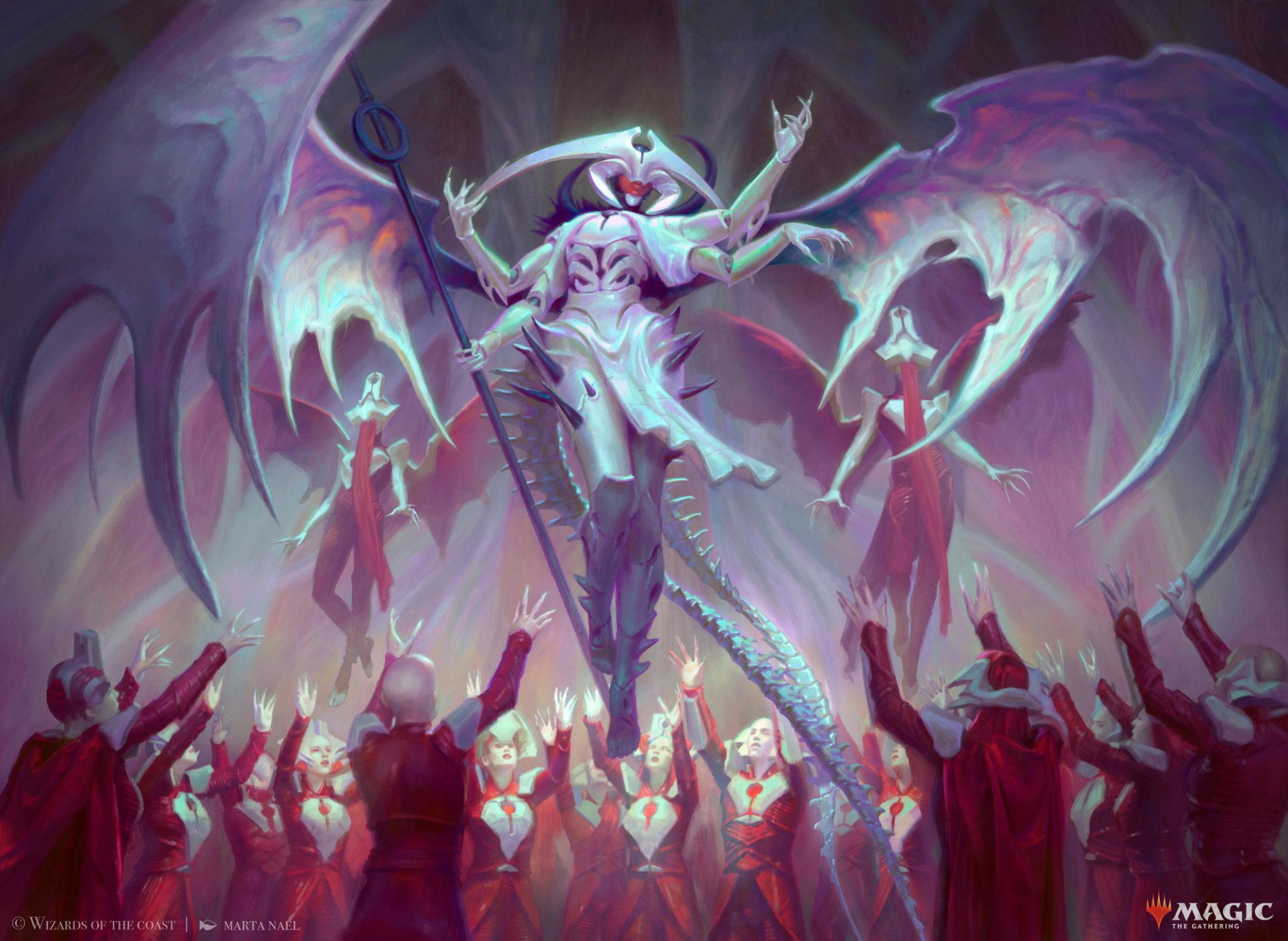 Man-made Magic: The Gathering HD PC desktop wallpaper/background showing a towering winged, armored demon-summoner hovering above robed cultists reaching up amid purple-pink, otherworldly light.